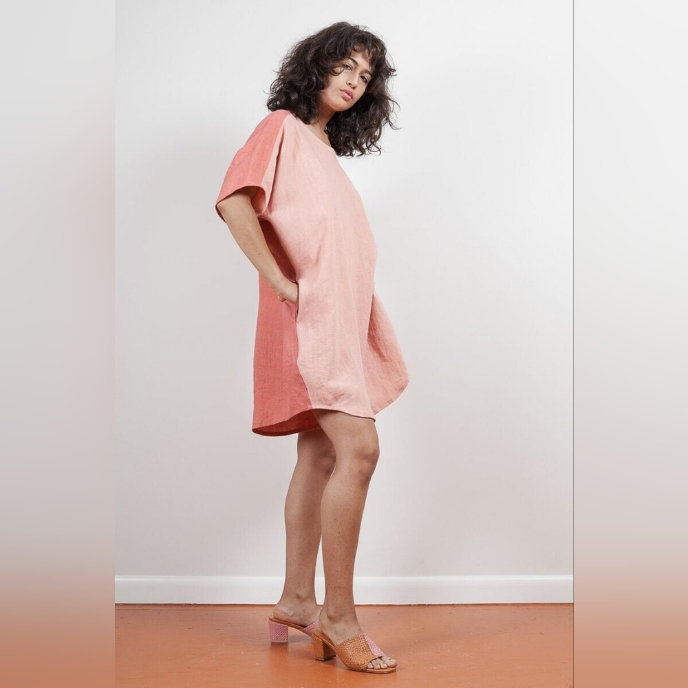 Womens Two-Tone Pink Short Sleeve Linen Romper Dress